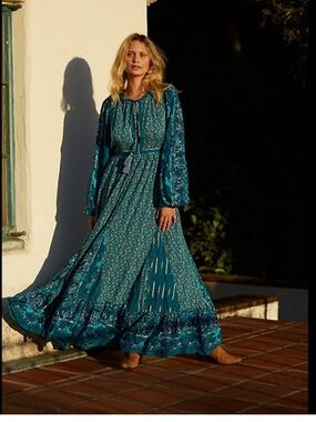 Free People Happy Feelings Blue Green Floral Boho Maxi Dress